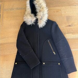 J. Crew Black Trench Coat with Faux Fur Collar